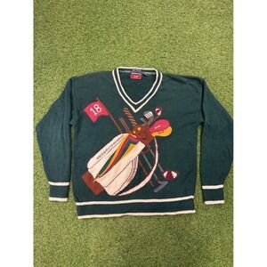 Vintage Hathaway Golf Hand Intarsia Cotton V-Neck Sweater Mens XL Green Graphic